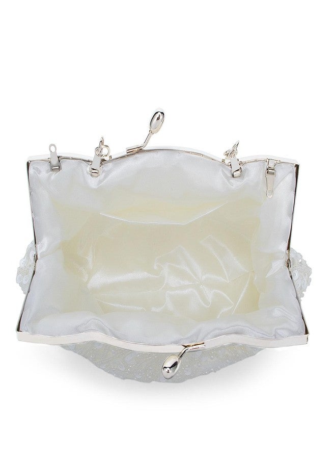 Simcat Beaded Sequin Flower Evening Purse Large Clutch Bag (White) - Image 5